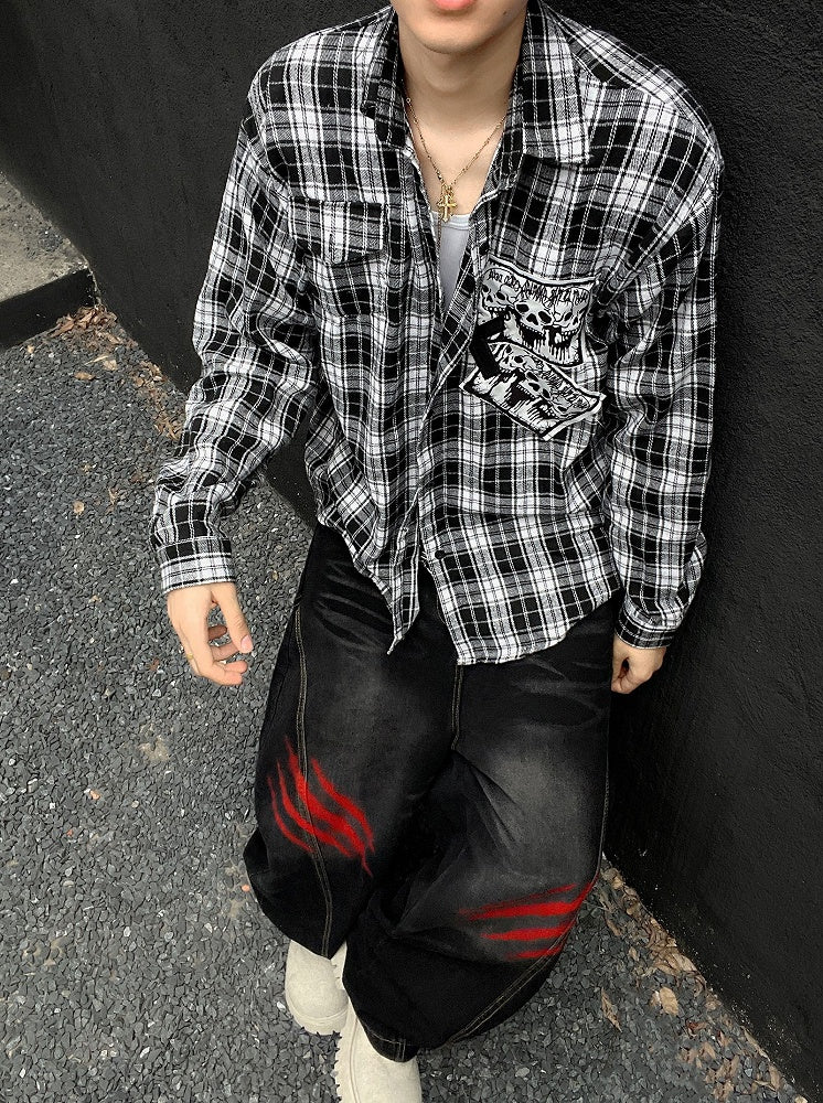 Punk Rock Skeleton and Cross Appliques Black & White Plaid Shirt