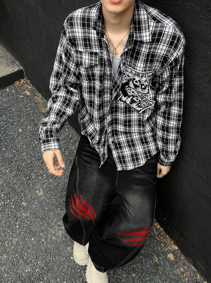 Punk Rock Skeleton and Cross Appliques Black & White Plaid Shirt