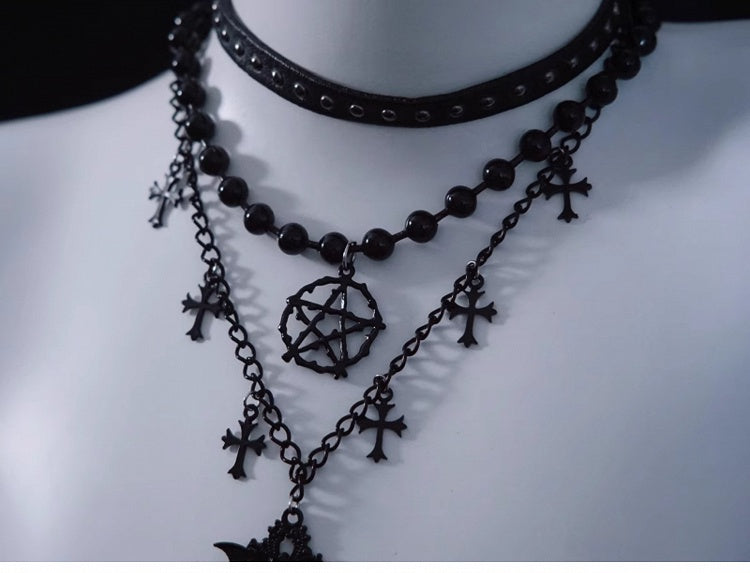 Pentagram and Cross Pendant Black Gothic Triple Layered Necklace