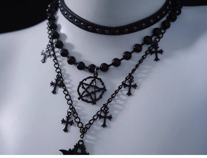 Pentagram and Cross Pendant Black Gothic Triple Layered Necklace