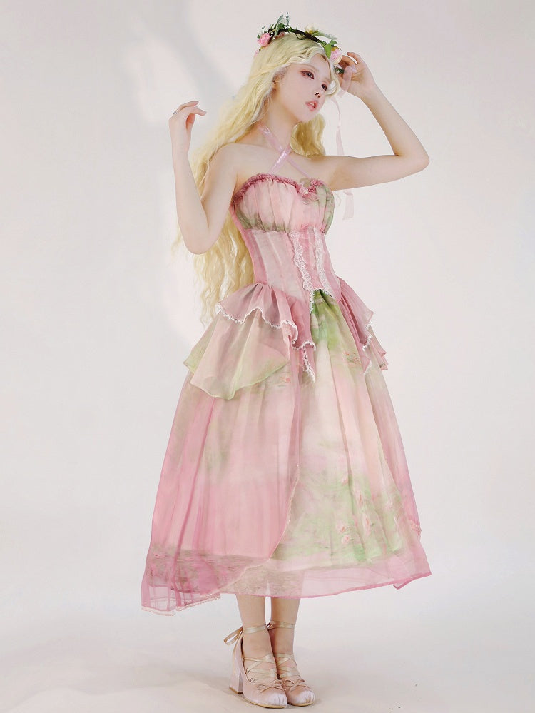 Light Pink Fairy Oil Painting Print Tiered Flounce Hem Halter Boned Corset Top