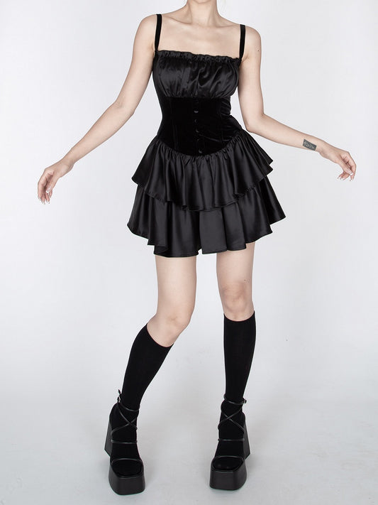 Gothic Black Tiered Skirt Vintage Cami Dress
