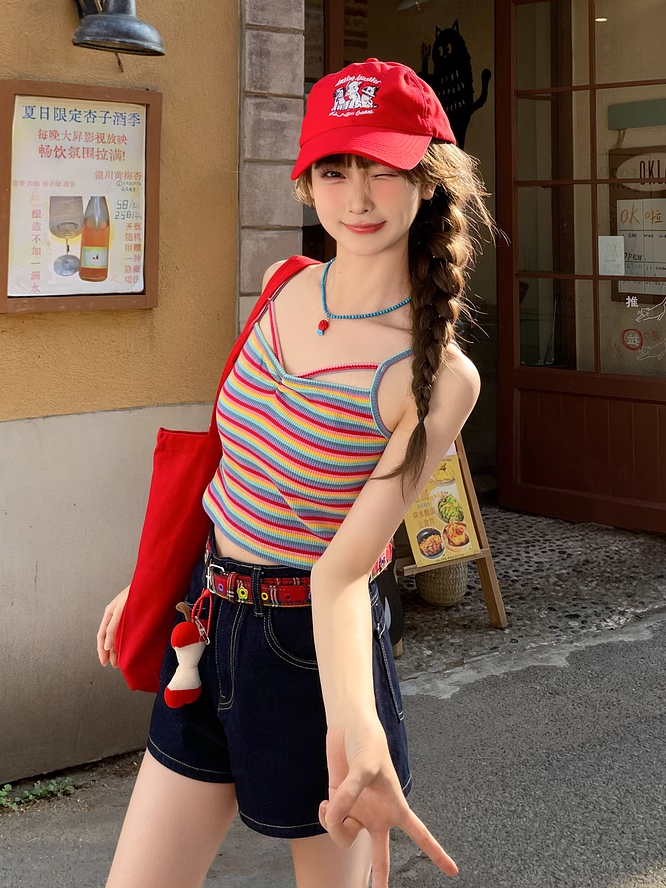 Red/Light Purple Striped Slim-fitting Cami Top