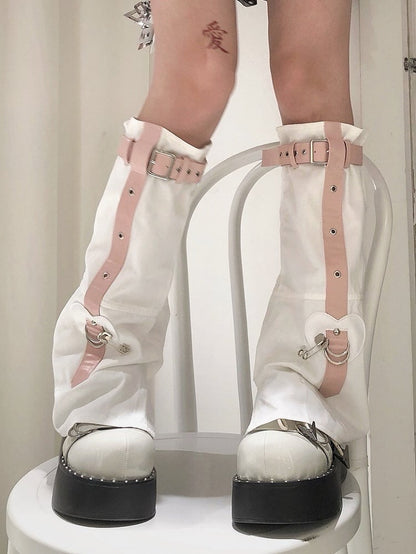 White Punk Buckles Decorated Pin Details Leg Warmers