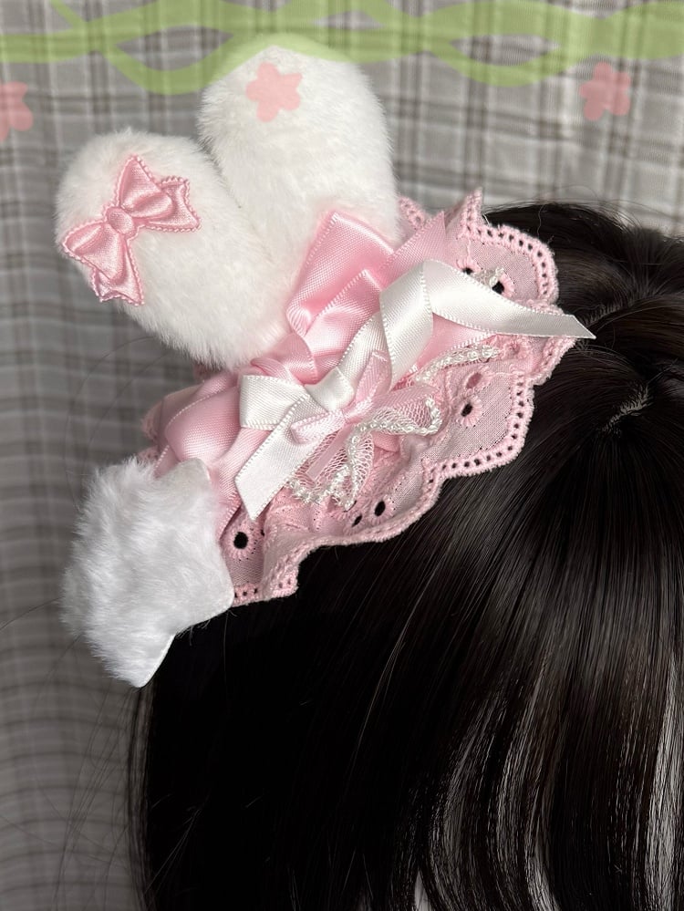 3 Color Options Bowknot Details Plush Bunny Ear Hairclip With Plush Star