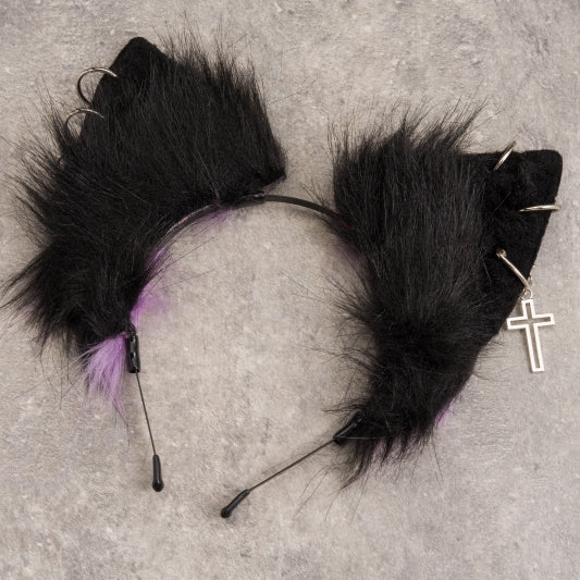 Gothic Black and Purple Kitty Ears KC with Cross Chains