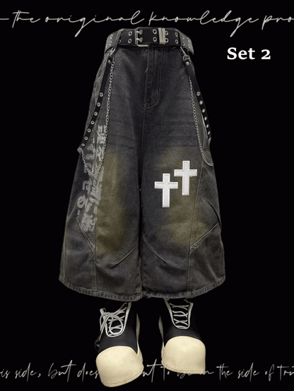 Dark Blue Faded Wash Cross Appliques Distressed Wide-Leg Jeans