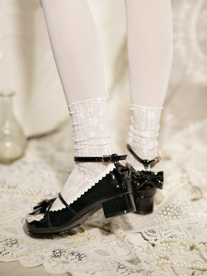 Black Heart Charm Bow at Top Lace Trim Crisscross Design Lolita Shoes