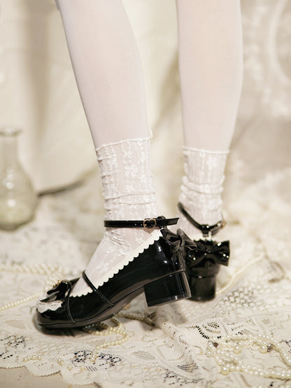 Black Heart Charm Bow at Top Lace Trim Crisscross Design Lolita Shoes