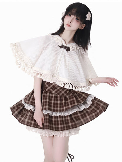 Beige Bohemian Tassel Hem Zip-up Cape with Cami Top Set