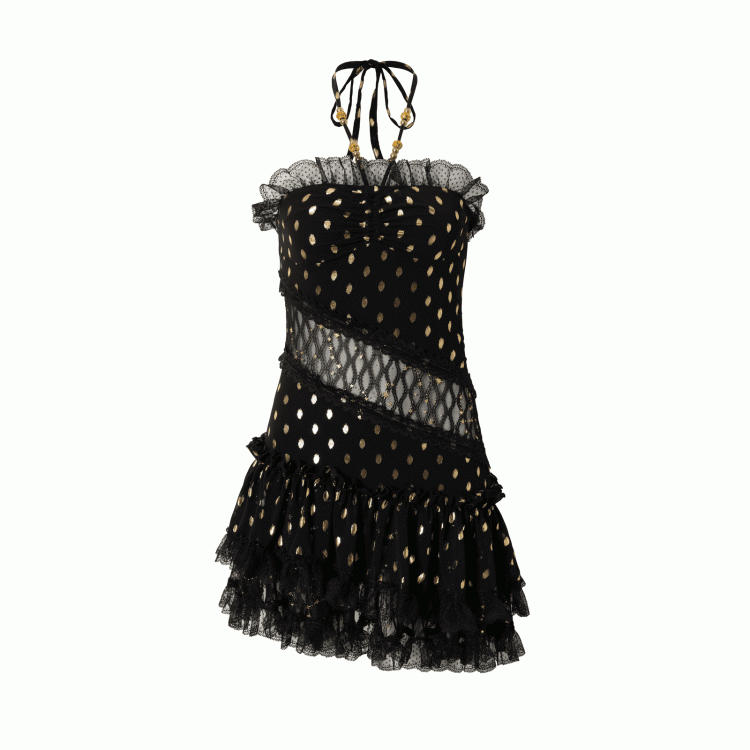 Beige/Black Halter Neck Lace Patches Waist Polka-dot Vintage Strapless Dress