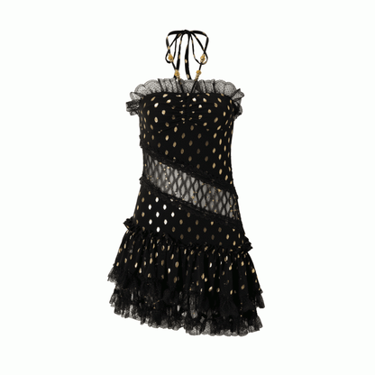 Beige/Black Halter Neck Lace Patches Waist Polka-dot Vintage Strapless Dress