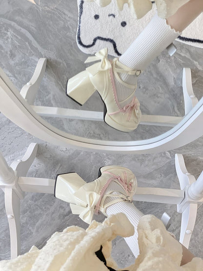 7CM Creamy White & Pink Bow at Top Crisscross Design Sweet Lolita Platform High Block Heels