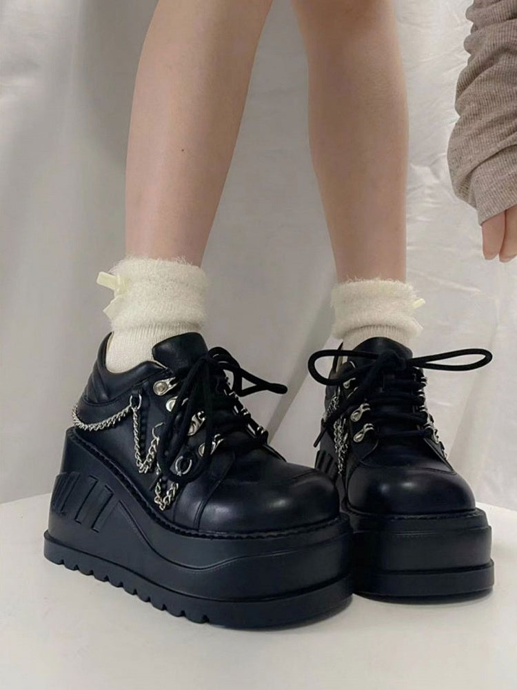 Punk Studs Black Wedge Platforms with Chains
