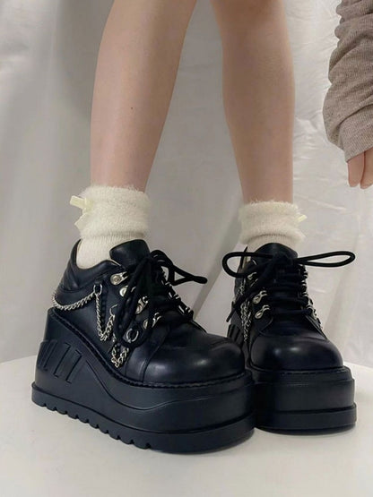 Punk Studs Black Wedge Platforms with Chains
