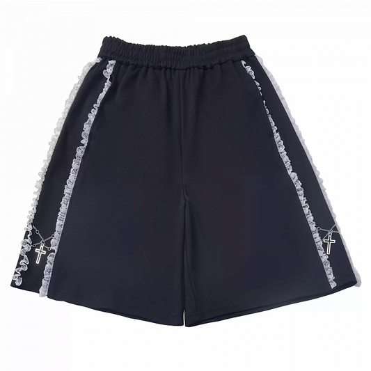 Black Elastic Waist Contrast Lace Trim Cross Charms Shorts