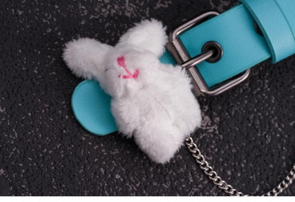 Handmade Plush Bunny Blue PU Buckle Hairclip with Chain