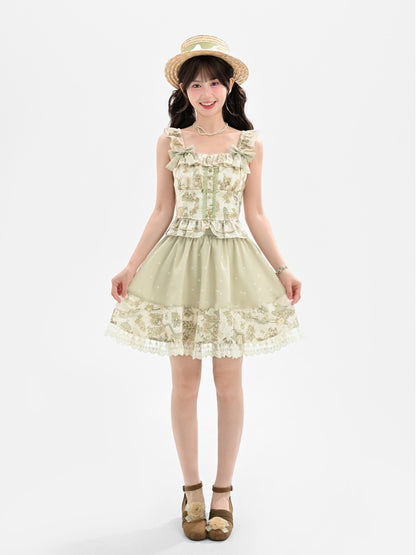 Light Green Vintage Grape Print Sleeveless Top with Detachable Bowknots