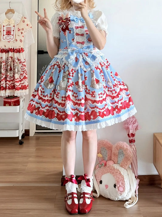Strawberry and Bunny Print Blue Cottagecore Country Lolita Sleeveless Dress Bowknot Details at Waist