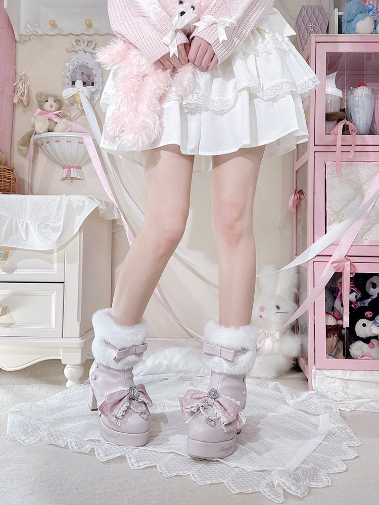 Jirai Kei Matte Pink Rhinestone Bow at Top Plush Cuff Platform High Block Heels with Beaded Chain