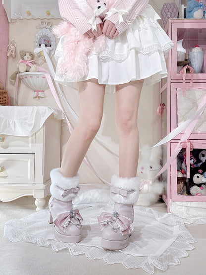 Jirai Kei Matte Pink Rhinestone Bow at Top Plush Cuff Platform High Block Heels with Beaded Chain