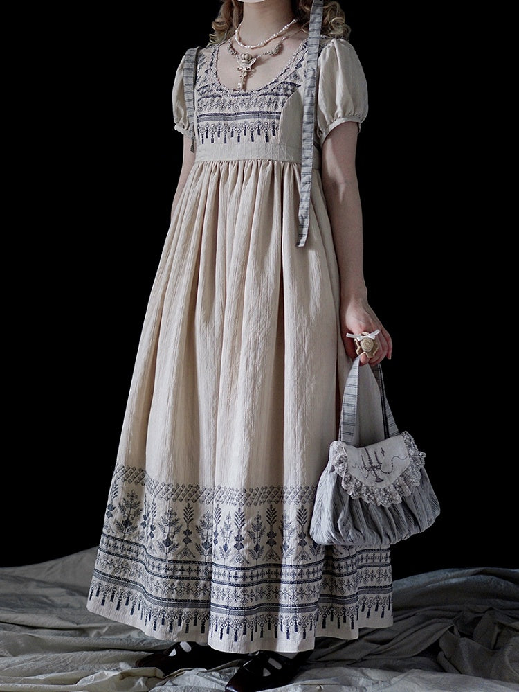 Blue Vintage Embroidery Empire Waist Elegant Lolita One Piece Long/Short Version
