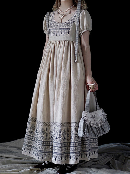 Blue Vintage Embroidery Empire Waist Elegant Lolita One Piece Long/Short Version