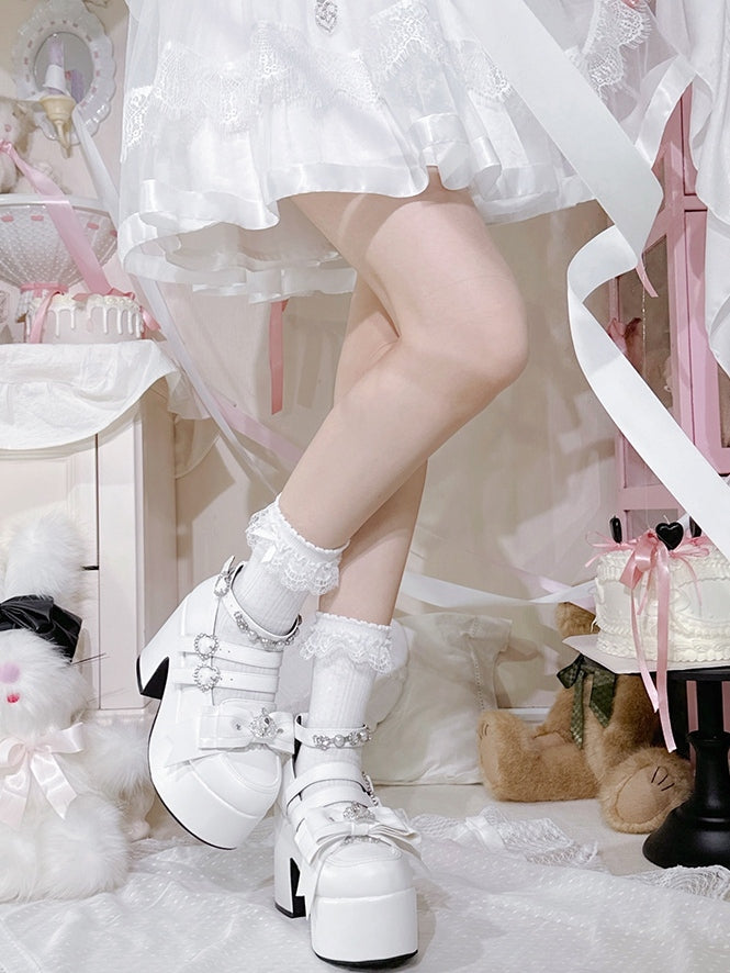 Matte White Jirai Kei Rhinestone Decorated Heart-shaped Buckle Design Bow at Top Platform High Block Heels