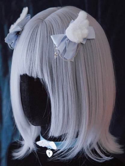 Star Charm Handmade Plush Angel Wings White and Blue Bowknot Hairclips