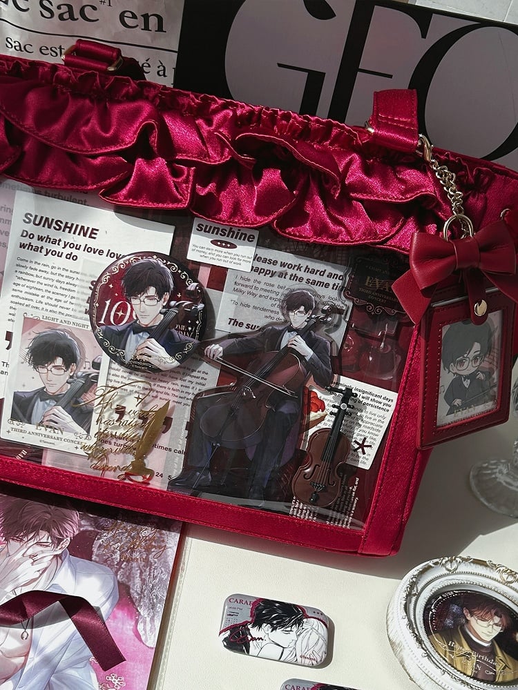 Wine Red Satin Ruffle Trims Self-tie Straps Ita Bag With Bow Card Holder