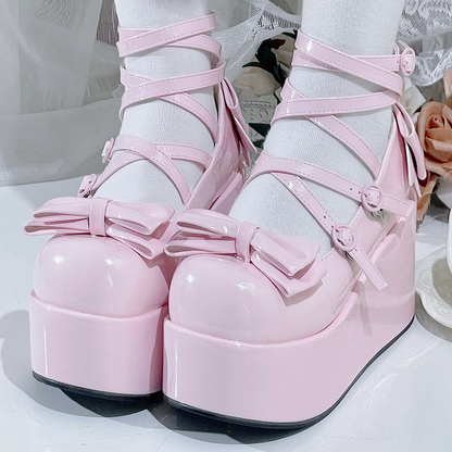 Pink Bowknot Buckle Straps Round Toe Platform Lolita Shoes