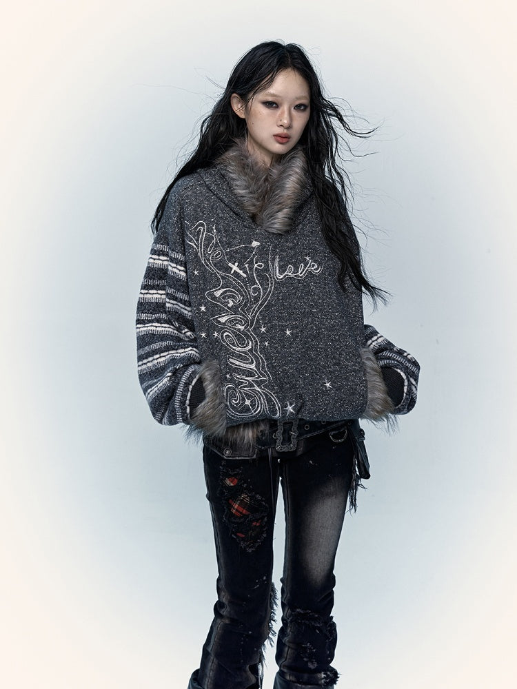 Gray&White/Black&White Plush Trim Striped Sleeves Hoodie