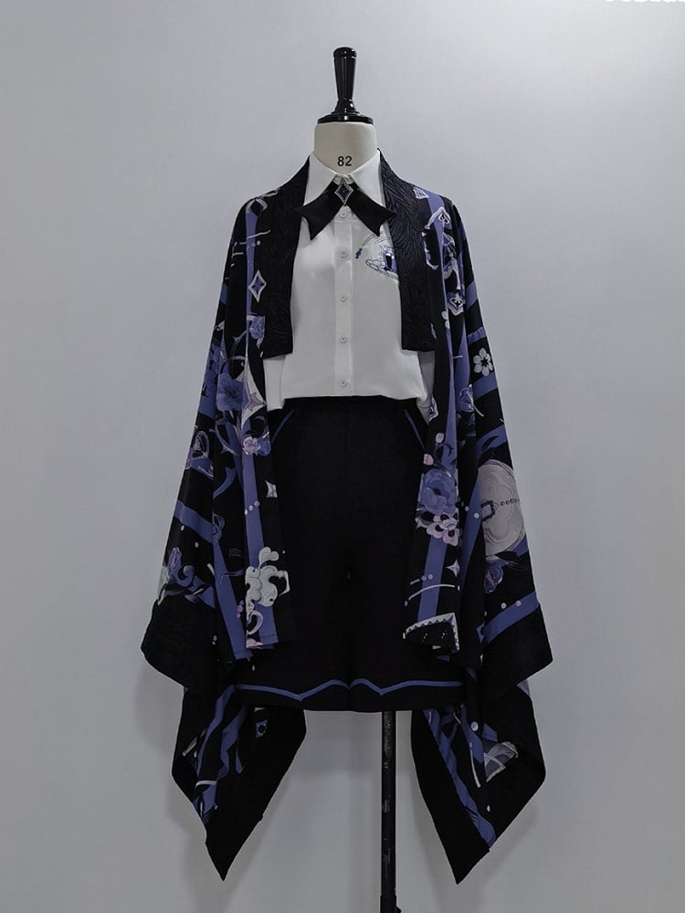 Black and Purple Striped Pattern Haori Poker and Tea Cup Print