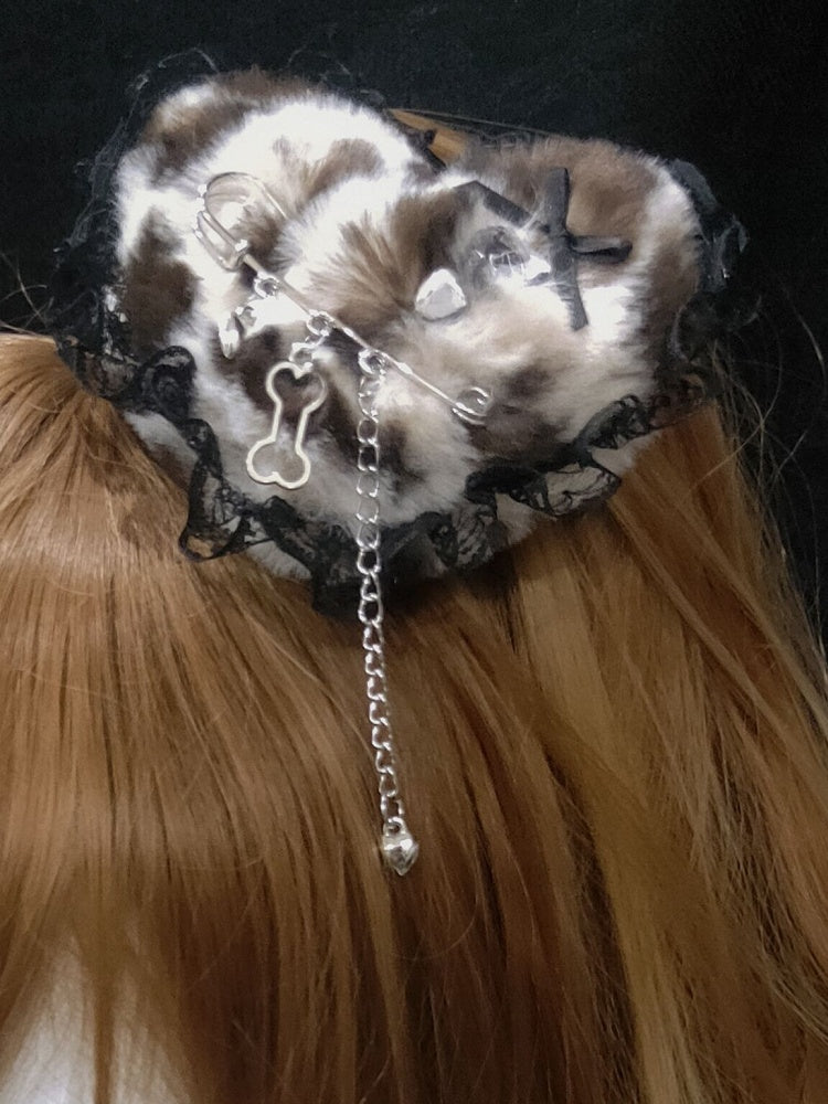 4 Color Options Lace Trim Tiger Spot Pattern Plush Heart Hairclip