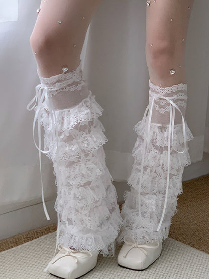 White Tiered Lace Trim Self-tie Strap Leg Warmers