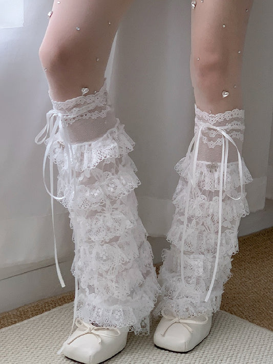 White Tiered Lace Trim Self-tie Strap Leg Warmers