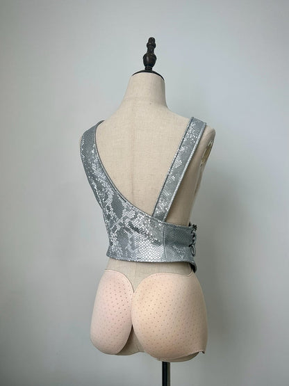 Silver Buckle Straps Asymmetrical Design Snakeskin-grain Leather Waistcoat