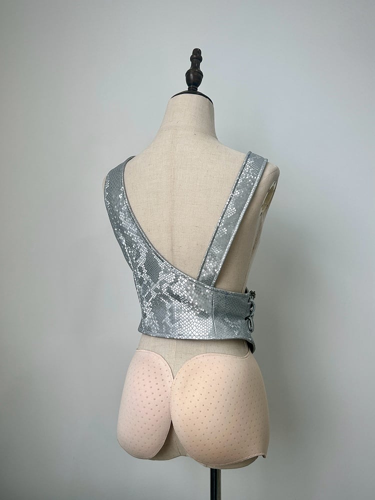 Silver Buckle Straps Asymmetrical Design Snakeskin-grain Leather Waistcoat