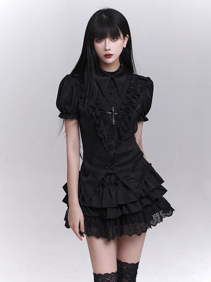 Black Elastic Waist Lace Trim Mini Tiered Skirt Bloomers Lining