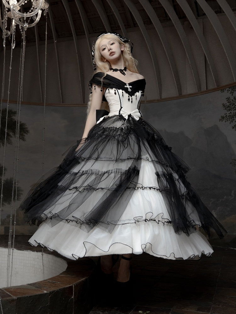 Plus Sizes Available Black Gothic Princess Off-the-shoulder Neckline Dress Black and White
