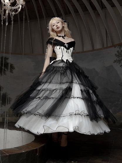 Plus Sizes Available Black Gothic Princess Off-the-shoulder Neckline Dress Black and White