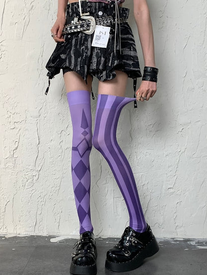 Purple Y2K Striped And Diamond Pattern Asymmetrical Design Overknee Stockings