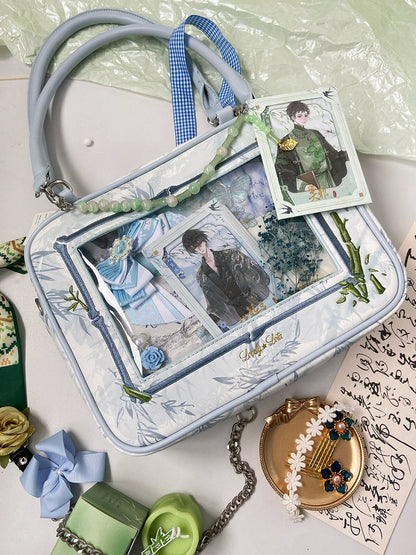 Light Blue Bamboo Leaf Pattern Cheongsam Style Ita Shoulder Bag with Detachable Beaded Chain