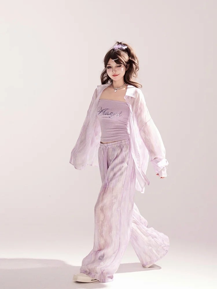 Light Purple Loose Shirt / Drawstring Waist Wide-leg Casual Pants