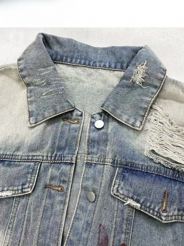 Light Blue Print Design Distressed Holes Details Denim Jacket