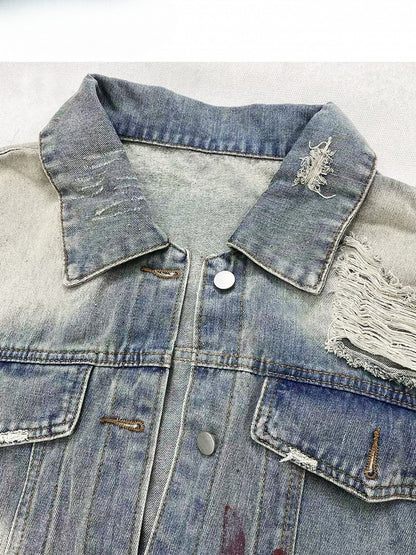 Light Blue Print Design Distressed Holes Details Denim Jacket
