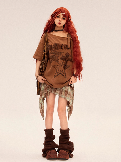 Gyaru Fashion Leopard Cross Applique Brown Asymmetrical Neckline T-shirt