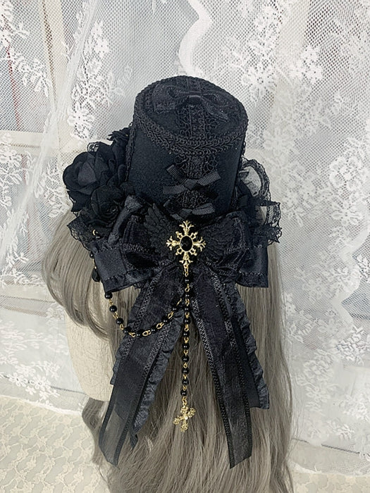 Cross Chains Gothic Black Floral Design Gorgeous Bowknots Mini Hat