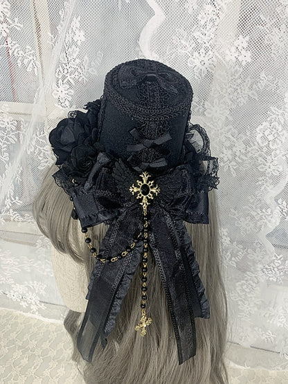 Cross Chains Gothic Black Floral Design Gorgeous Bowknots Mini Hat