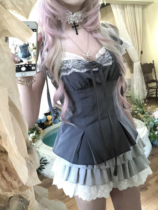 Gray Lace-Trim Cami Top with Bow Detail